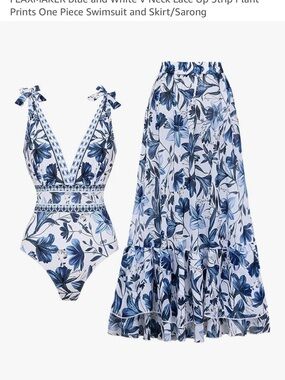 Blue Floral V-Neck One-Piece Swimsuit with Matching Sarong
